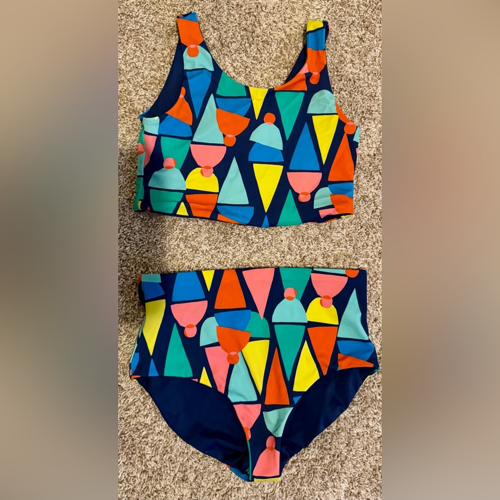 Girls Designer swim wear: Reversible long tank two piece bathing suit.